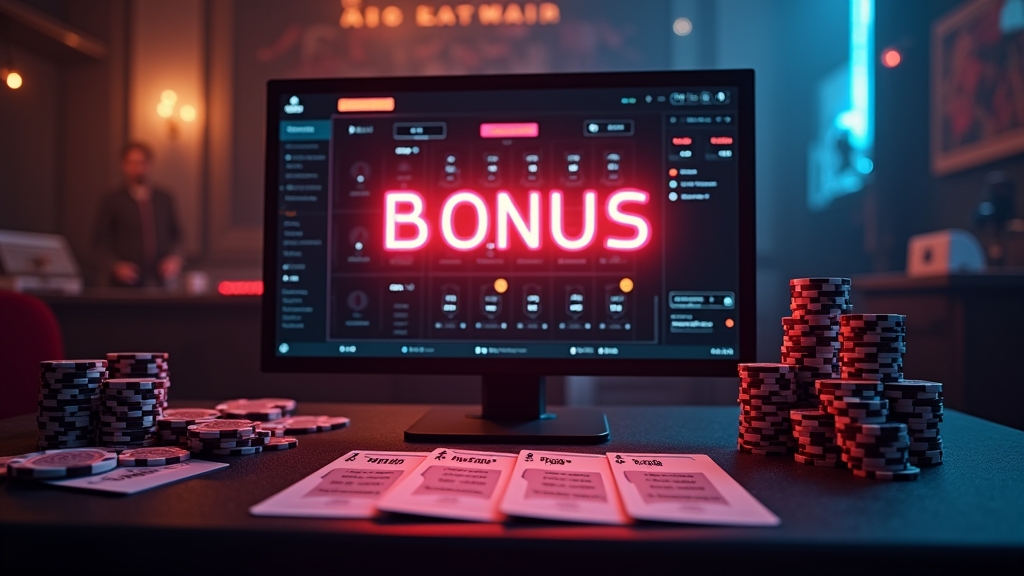 Donkere casinotafel met bonuskaart, chips en neonverlichting
