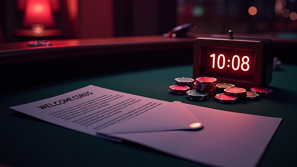 Casinotafel met bonusvoorwaarden, timer en chips in donker licht