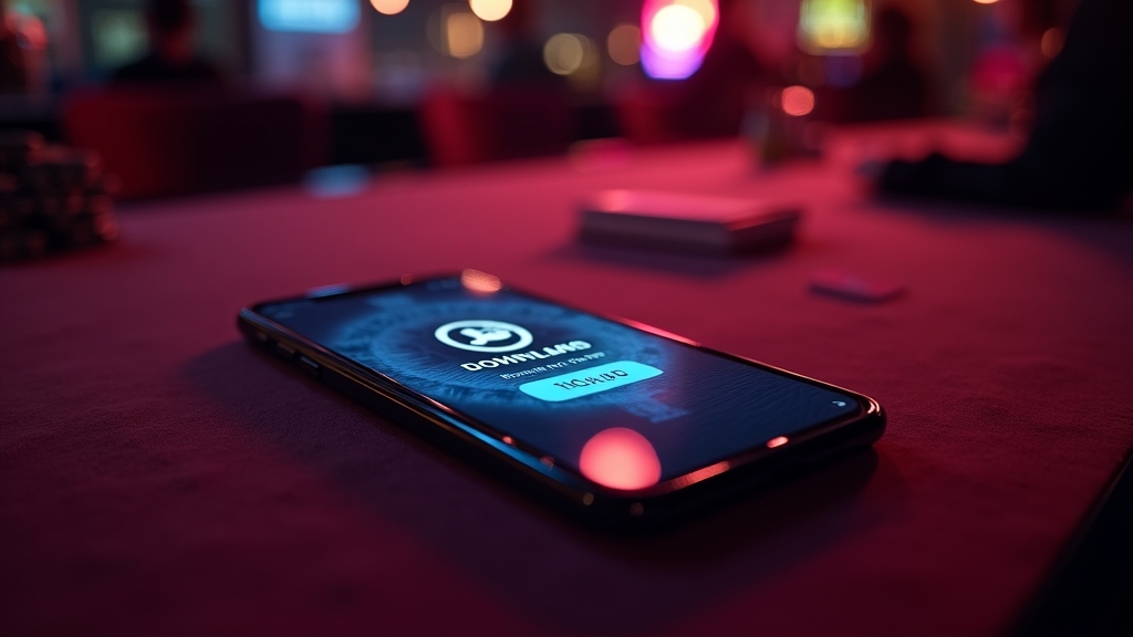 Smartphone op tafel met scherm voor de Lolajack-download in een casino-achtige sfeer